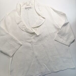 Christopher Calvin Women's White Linen 3/4 Sleeve Top Ruffle S Classic Old Money
